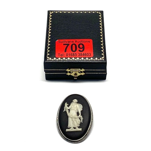 709 - Vintage sterling silver and Black Jasperware Wedgewood Cameo Brooch.
