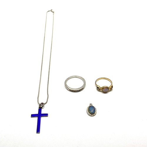 716 - Silver chain and enamelled cross, opal items and ring size M and T.