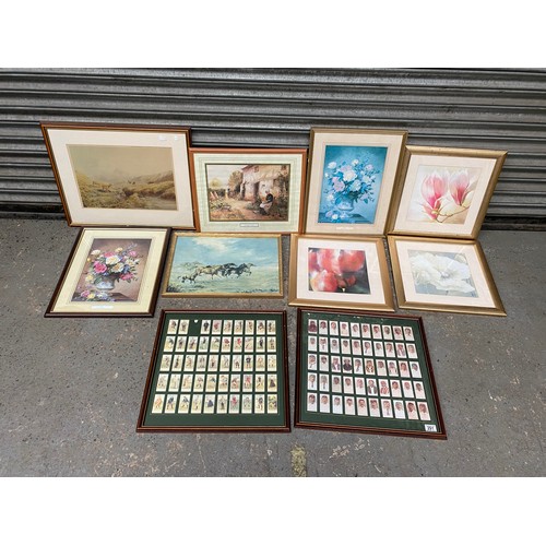 291 - collection of framed pictures and prints and cricket and golf cigarette cards.