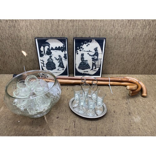 16 - Mixed items including punch bowl, sherry glasses in a tray and vintage walking sticks