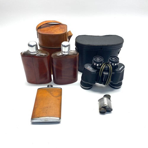 454 - mixed items including pair of whiskey travel flasks with leather carry case and marinda 8x40 coated ... 