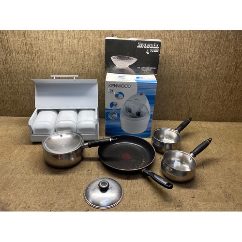 21 - Mixed kitchen items including Kenwood mixer and a quantity of saucepans