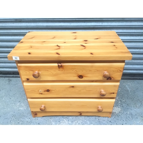 62 - Pine three drawer chest of drawers 66cm x 77cm