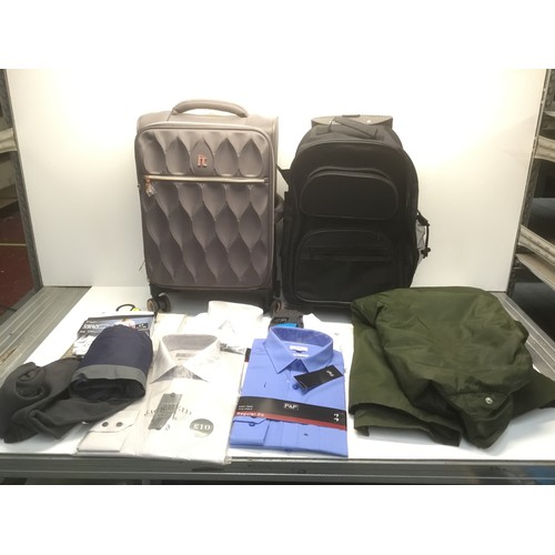 84 - Two travel cases and a selection of retail packaged clothes including a men’s waterproof coat size m... 