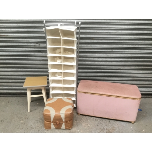 118 - Blanket box, leather pouffe, shoe storage rack and a small table