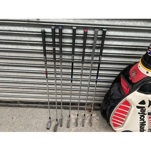 158 - Taylor made golf bag, fitting shafts and golf cubs including Taylor Made M6-7 Iron, M5- G400 7iron a... 