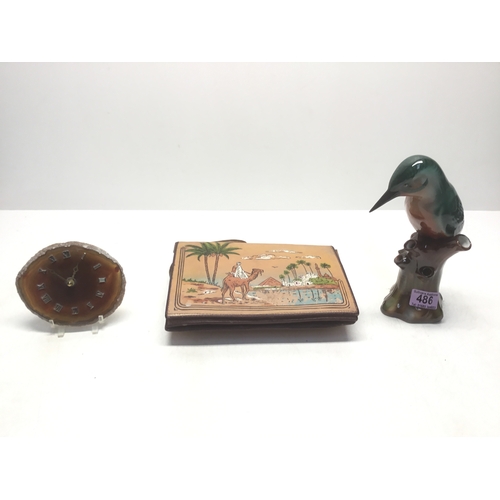 486 - Kingfisher hat pin holder, vintage agate clock and an Egyptian hand bag