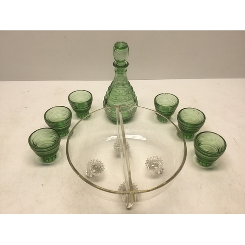 487 - Vintage green glass decanter with six glasses and a cut glass bowl with divider