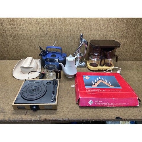 236 - Mixed items including: Radio, Coffee machine and cowboy hat,