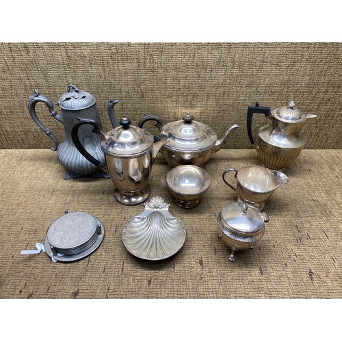 504 - collection of silver plate and pewter items including coaster.