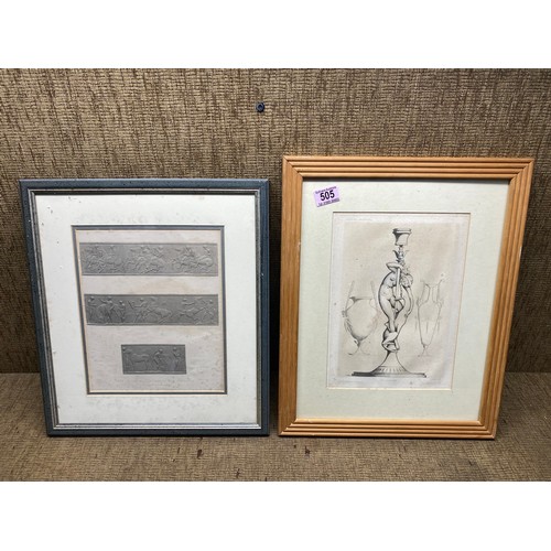 505 - 2 framed prints including: Part Of The West Freeze Of The Parthenon and Invention Decoratives 