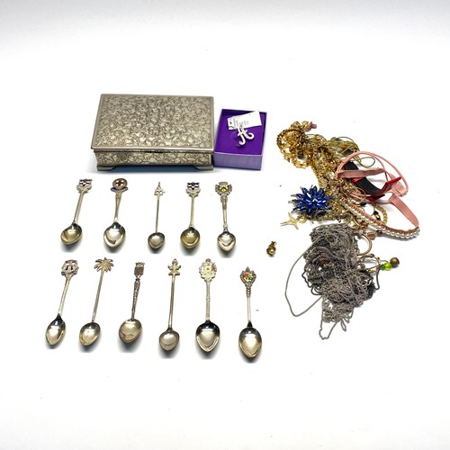 466 - Box of costume Jewelry with some vintage items, engraved box with lid (hinge damage), spoons.