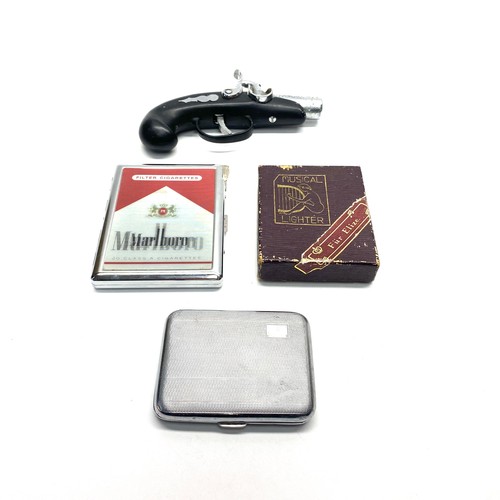 822 - lighters and cigarette cases, including musical, pistol and Marlborough.