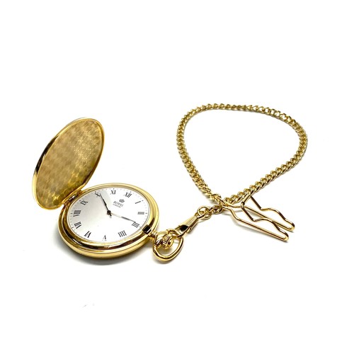 892 - Royal London gold tone full hunter quartz pocket watch and prince albert chain. (needs new battery)