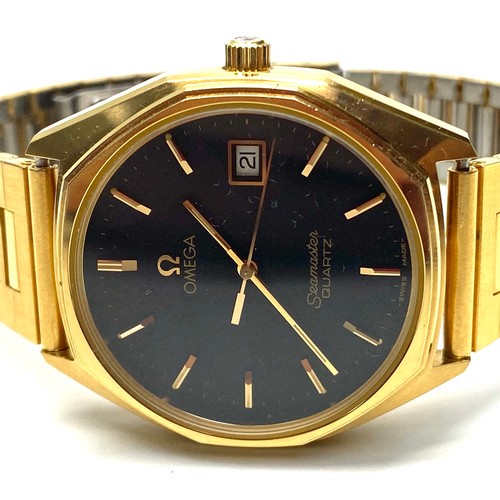 900 - Omega Seamaster watch. 196.0125 Gold plated stainless steel strap and matt black dial. Circa 1987 wi... 