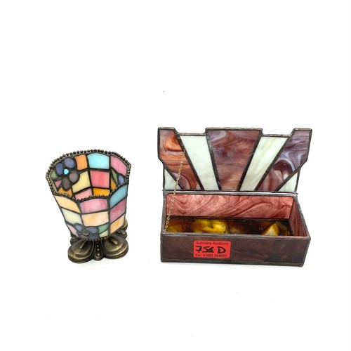 754D - Vintage 1970s stained glass jewellery box and Tiffany STYLE votive tea light candle holder.