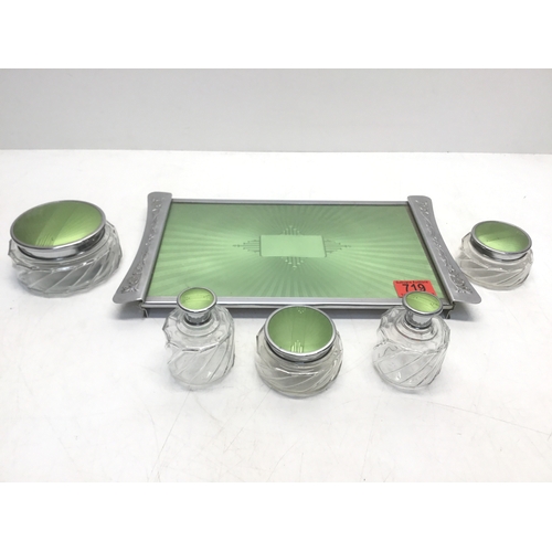719 - Stunning Art Deco dressing table set possibly Spelter with green accents by Regent of London.