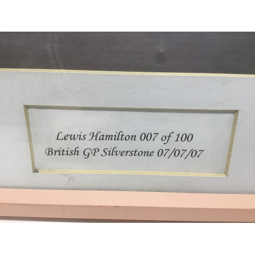 734 - Limited edition Lewis Hamilton picture number 007/100 at Silverstone on 07/07/07 52cm x 42cm