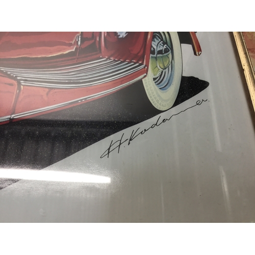 1108 - Five framed signed prints of old vehicles including Bentley and Jaguar