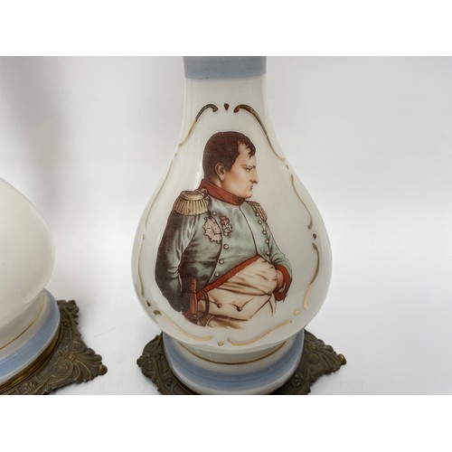 1142 - Pair of French Opalique glass oil lamp likley for 19th featuring a portrait of Napoleon Bonaparte an... 