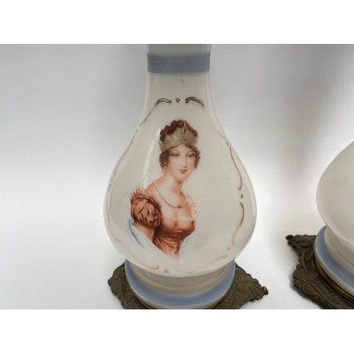 1142 - Pair of French Opalique glass oil lamp likley for 19th featuring a portrait of Napoleon Bonaparte an... 