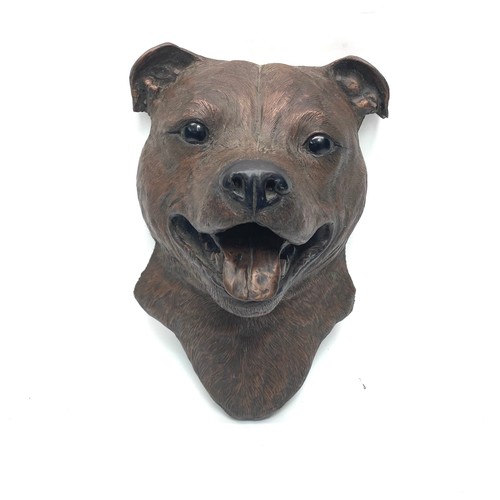 829 - heavy cast sculpture of staffordshire bullterrier signed by patsy ann.