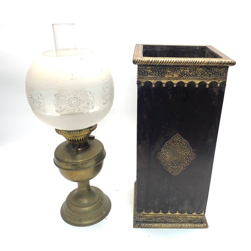 830A - Lovely Victorian umbrella stand with brass fittings and victorian brass base oil lamp.