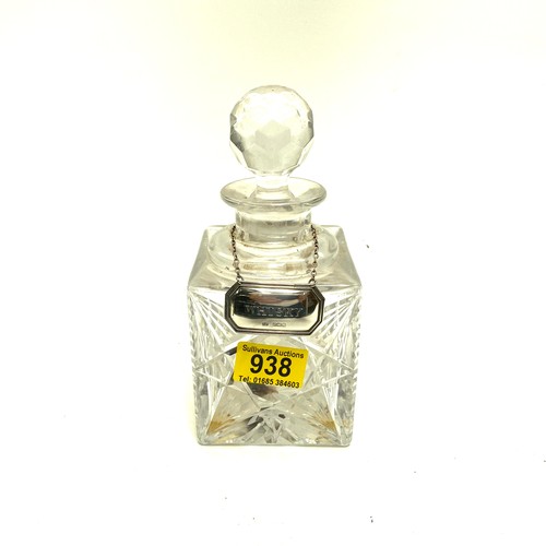 938 - Heavy Lead crystal whiskey decanter and sterling silver label. Hallmarks for Birmingham 1980 by Doug... 