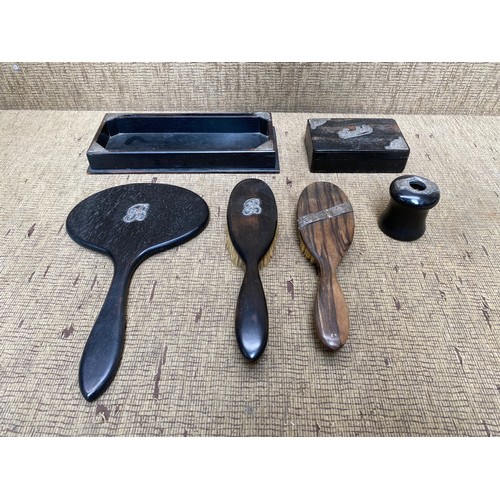 943 - Ebony dressing table items with sterling silver trim. Trinkets box hallmarks for London 1903 by Will... 