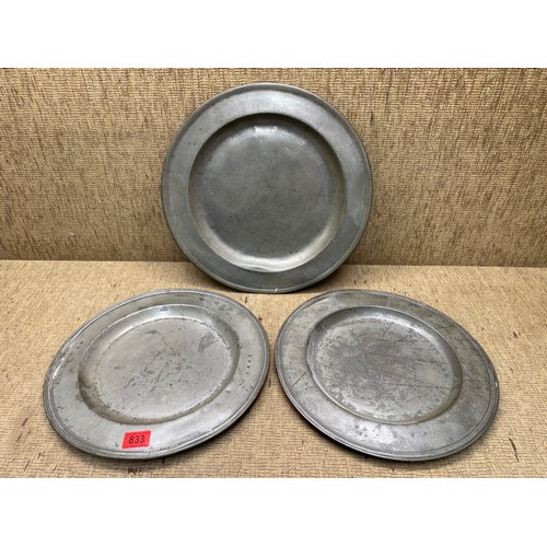 833 - Three pewter charger plates (hallmarks on two suggest circa 1630-1730) 40cm