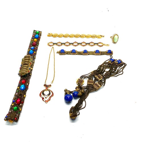 834F - Stunning blue lapis art deco necklace and bracelet and other vintage including a belt with semi prec... 