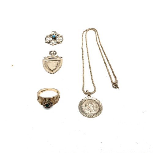 950 - Silver ring, saint Christopher, fob and pendant with a turquoise stone.