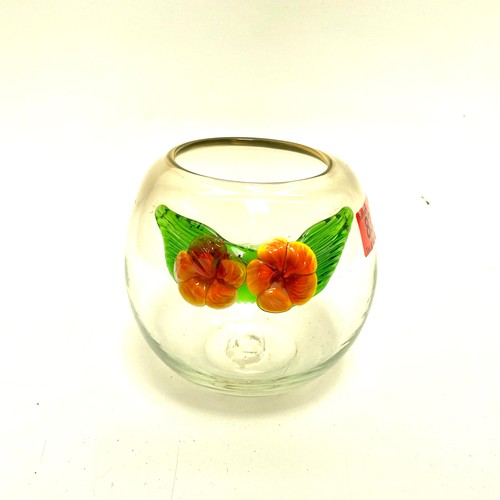 835 - A hand blown retro glass fishbowl / rose bowl with applied Murano style flowers, green tinge to glas... 