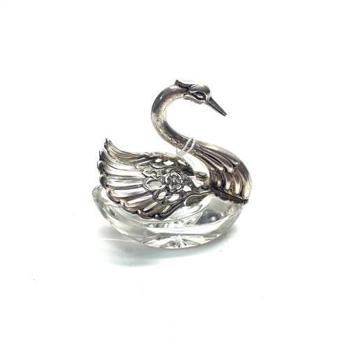 974 - Vintage crystal swan trinket dish with sterling silver wings that are hinged, import hallmarks for L... 