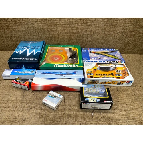 352 - mixed collection of models including revell, tamiya and a marksman game.