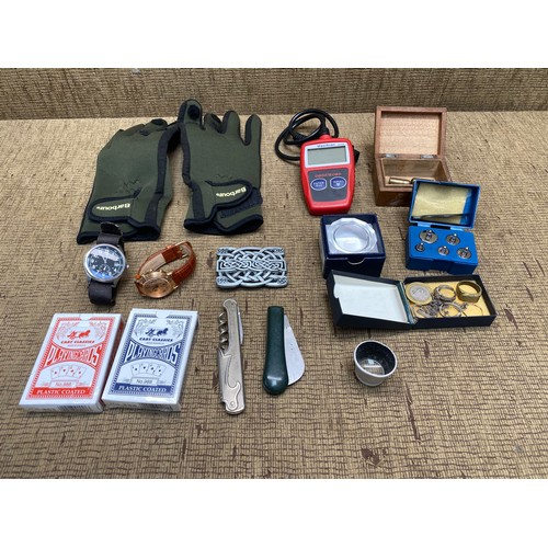 598 - Mixed items including silver, Accurist watch, pen knives, car code reader and a pair of Barbour shoo... 