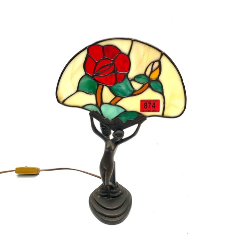 874 - Art deco Tiffany style lamp with leaded stained glass shade 37cm