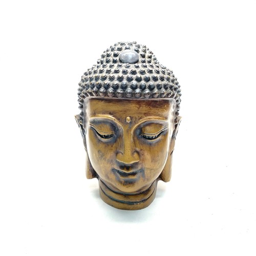 875 - Bronzed Buddha head statue depicting Shakyamuni 25cm