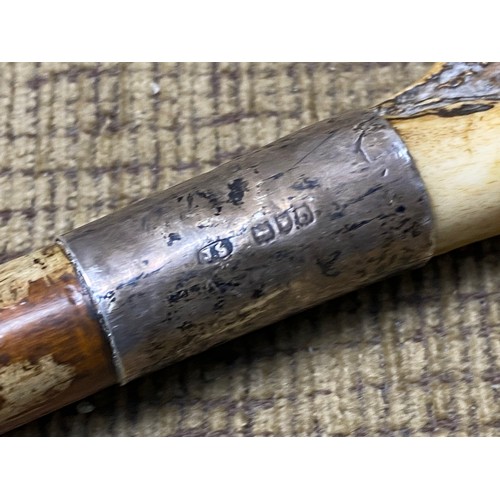 884 - Antique walking stick with deer antler handle and silver collar and a riding crop with silver collar