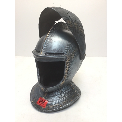 896 - Medieval helmet resin ornament with lifting visor 28cm