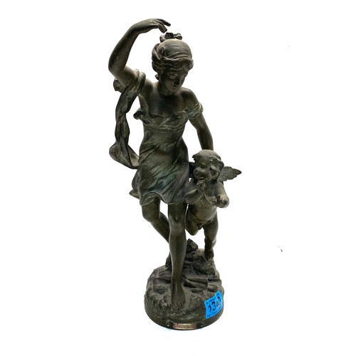 1340 - Bronzed pewter Sculpture by Charles Geoerges Ferville Suan 1847-1925 depicting lady with cherub sign... 