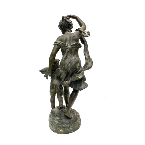 1340 - Bronzed pewter Sculpture by Charles Geoerges Ferville Suan 1847-1925 depicting lady with cherub sign... 