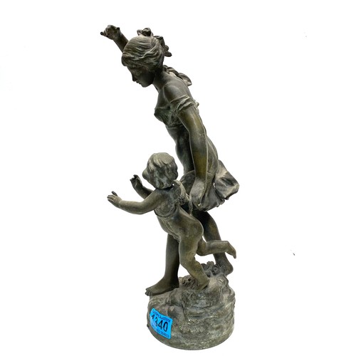 1340 - Bronzed pewter Sculpture by Charles Geoerges Ferville Suan 1847-1925 depicting lady with cherub sign... 
