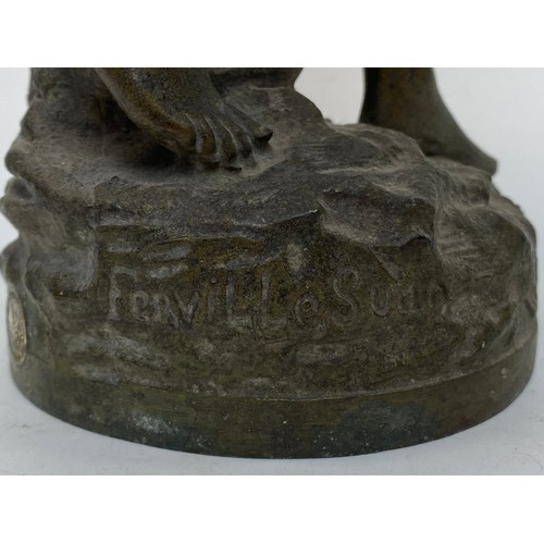 1340 - Bronzed pewter Sculpture by Charles Geoerges Ferville Suan 1847-1925 depicting lady with cherub sign... 