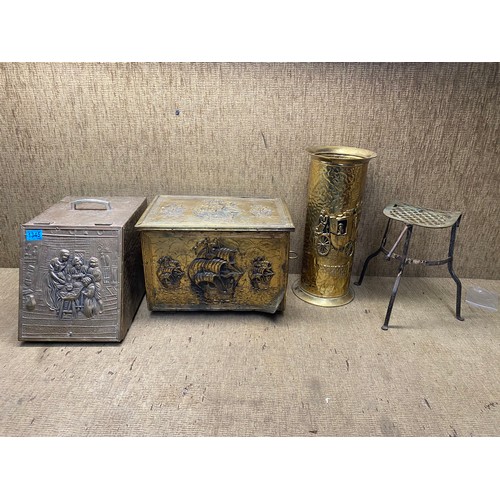 1345 - Collection of brass including: Umbrella holder and coal scuttle.