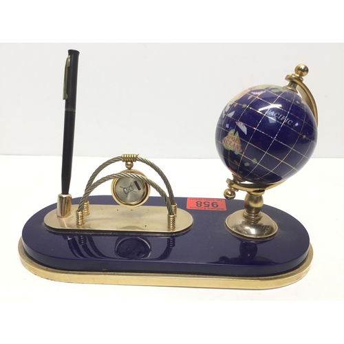 958 - Semi precious lapis blue globe, pen, clock and business card holder
