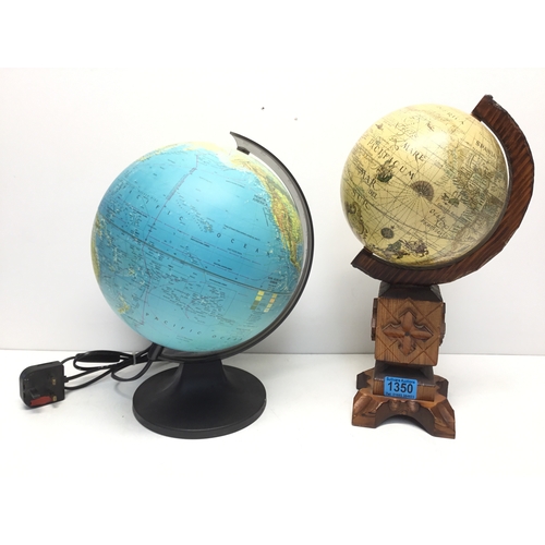 1350 - Working light up globe and a wooden globe on a carved stand