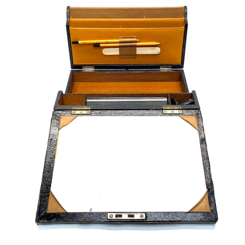 1354 - Vintage black leather writing slope, with key.