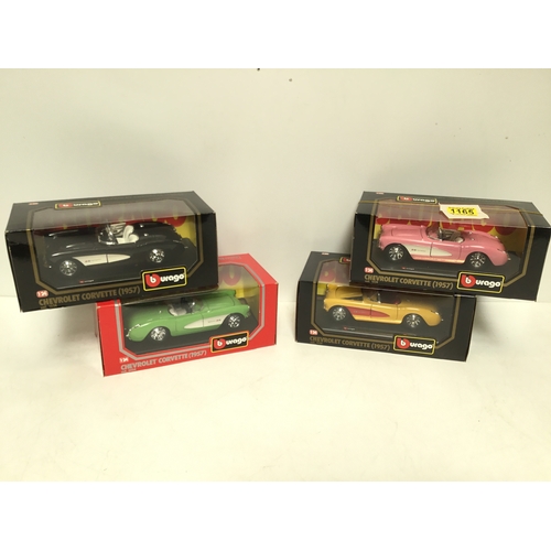 1165 - Four Burago model cars Chevrolet Corvettes