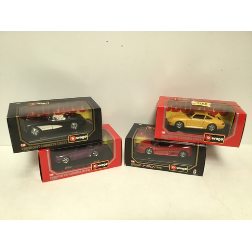 1166 - Four Burago model cars including Porsche 911 and Ferrari F50